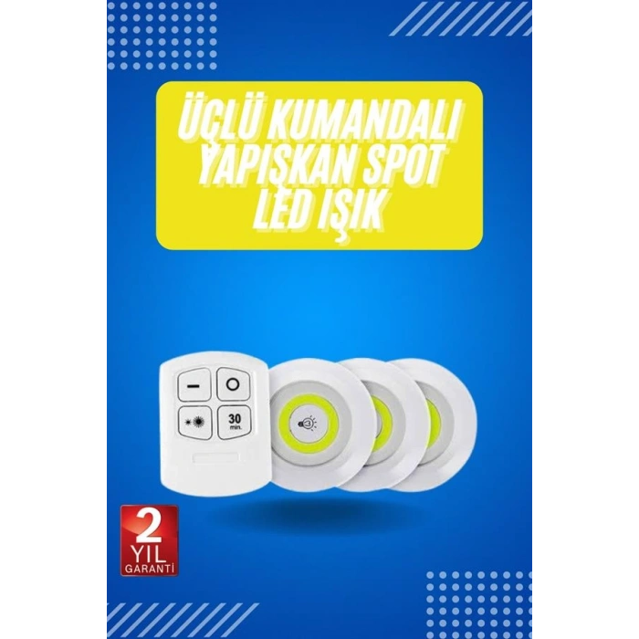 Nevamel Yapışkanlı 3lü Spot Led Işık Lamba Montajsız Pilli Uzaktan Kumandalı
