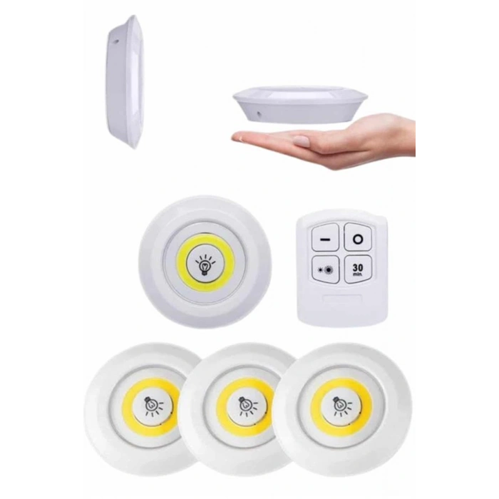 Nevamel Yapışkanlı 3lü Spot Led Işık Lamba Montajsız Pilli Uzaktan Kumandalı