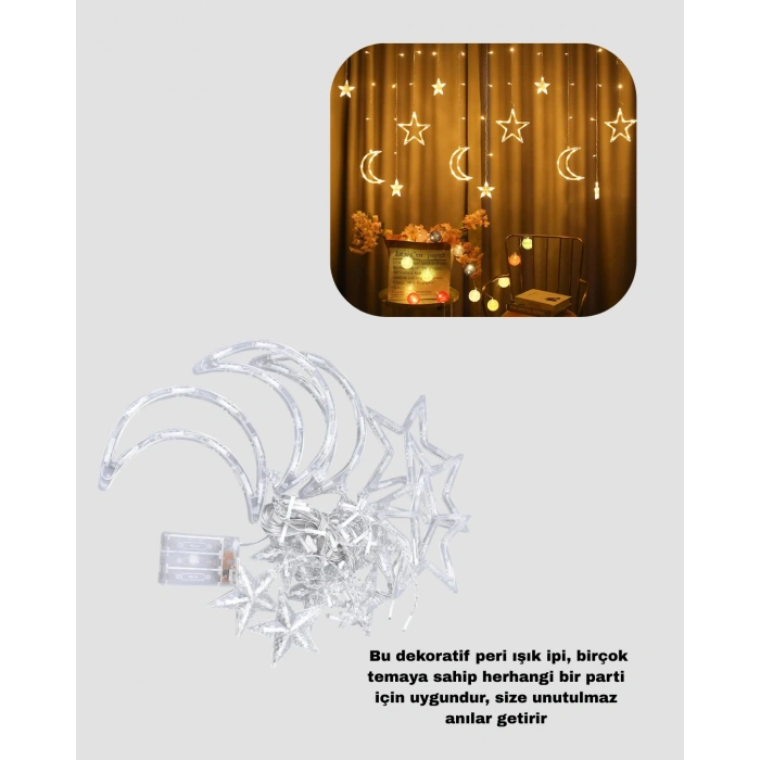 Nevamel® Yıldız Ay Tasarımlı Prizli Perde LED Işık İç Mekan Dekoru