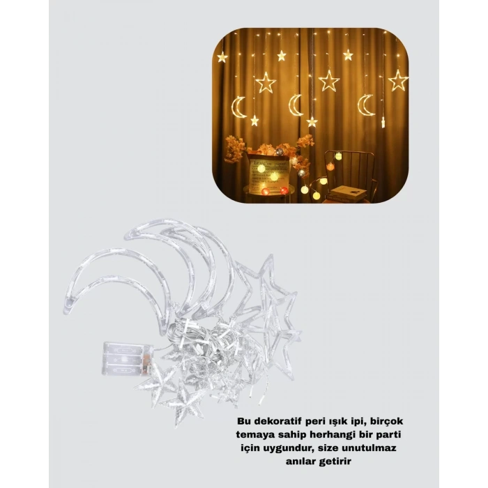 Nevamel® Yıldız ve Ay Figürlü Prizli Perde LED Işık Romantik Ortam Aydınlatması Yeni Nesil
