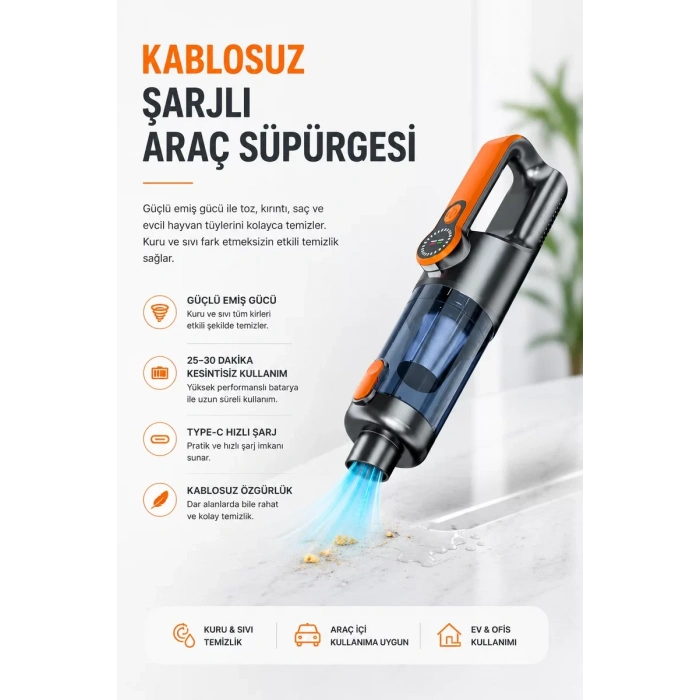 Nevamel® Yüksek Emiş Güçlü Taşınabilir Araç Süpürgesi