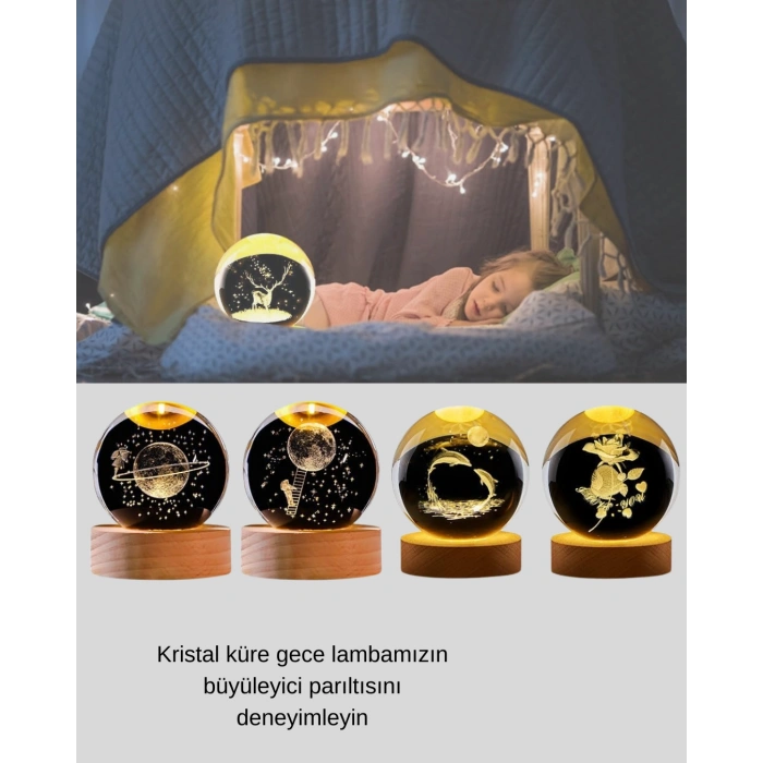 Nevamel® Yunus Temalı Kristal Küre USB Işıklı Ahşap Altlıklı Gece Lambası