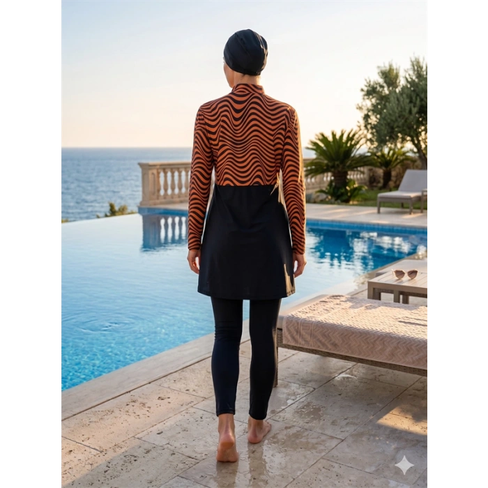 Nevamel® Zebra Desenli Fermuarlı Tam Kapalı 3 Parça Spor Likralı Siyah Tesettür Mayo Takımı