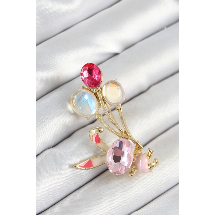 Nevamel® Zirkon Taşlı  Balonlu Pembe Tavşan Figürlü Gold Renk Kadın Broş 5886
