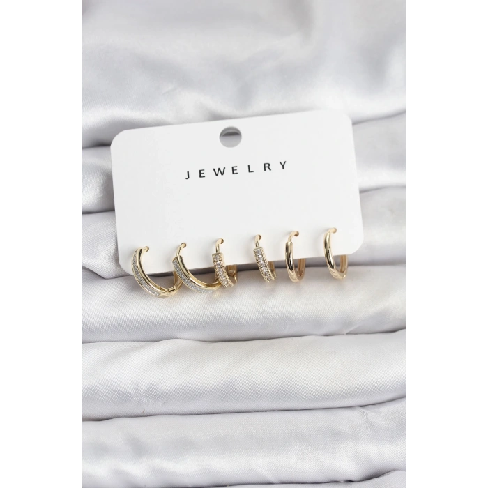 Nevamel® Zirkon Taşlı Gold Renk Pirinç Kadın Küpe Seti 5886