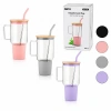 Nevamel® 1000 ml Cam Matara Kupa Bardak - Bambu Kapaklı - Silikon Kılıflı - Çelik Pipetli