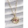 Nevamel® 316L Çelik Gold Renk Pembe Zirkon Taşlı Kalp İşleme Madalyon Model Kadın Kolye 5886