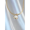 Nevamel® 316L Çelik Gold Renk Yassı Zincir İnci Taşlı Kolye 5886