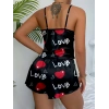 Nevamel® Aşk Temalı Kalp Desenli Siyah Saten Şortlu Gecelik Takım