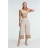 Nevamel® Askılı Oyuk U Yaka Geometrik Yazlık Uzun Nakış Detaylı Pijama Takımı