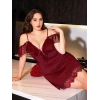 Nevamel® Büyük Beden Bordo Dantel İşlemeli İnce Askılı Gecelik