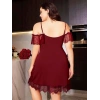 Nevamel® Büyük Beden Bordo Dantel İşlemeli İnce Askılı Gecelik