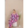 Nevamel® Büyük Beden Renkli Yaprak Desenli Düğmeli Uzun Kol Viskon Pijama Takımı