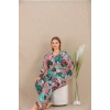 Nevamel® Büyük Beden Renkli Yaprak Desenli Düğmeli Uzun Kol Viskon Pijama Takımı