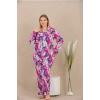 Nevamel® Büyük Beden Renkli Yaprak Desenli Düğmeli Uzun Kol Viskon Pijama Takımı