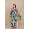 Nevamel® Büyük Beden Renkli Yaprak Desenli Düğmeli Uzun Kol Viskon Pijama Takımı