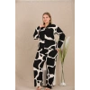 Nevamel® Büyük Beden Siyah Beyaz Desenli Düğmeli Uzun Kol Viskon Pijama Takımı