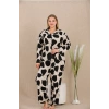 Nevamel® Büyük Beden Siyah Beyaz Kalp Desenli Düğmeli Uzun Kol Viskon Pijama Takımı