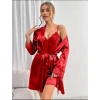 Nevamel® Dantel İşlemeli İnce Askılı Kırmızı Saten 2Li Gecelik Sabahlık Takımı