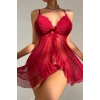 Nevamel® Kadın Bordo Dantelli Fırfırlı Tül ve Fiyonk Detaylı Tangalı Gecelik Takımı
