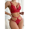 Nevamel® Kadın Kırmızı Cut-Out Büstiyerli Beli Çapraz Lastikli Külotlu Çamaşır Takımı H110280