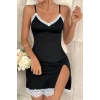 Nevamel® Kadın Siyah Askılı Yırtmaçlı Beyaz Dantelli Gecelik
