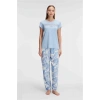 Nevamel® Kısa Kol Bisiklet Yaka Kadın Viskon Çiçek Desenli Yazlık Örme Dantel Detaylı Pijama Takımı