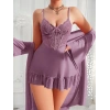 Nevamel® Özel Tasarım Dantel İşlemeli Fırfırlı Sabahlıklı 2Li Mor Gecelik Takımı