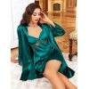 Nevamel® Özel Tasarım Dantel İşlemeli Sırt Dekolteli Sabahlıklı 2Li Yeşil Saten Gecelik Takımı