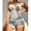 Nevamel® Pamuklu Dantel İşlemeli Gri Askılı Şortlu Pijama Takımı