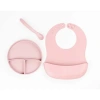 Nevamel Pembe 3’lü Silikon Yemek Seti – Önlük + Diş Kaşıyıcılı Kaşık + Vakumlu Tabak