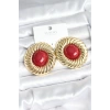 Nevamel® Pirinç Gold Renk Bordo Boncuklu Vintage Kadın Küpe 5886