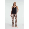Nevamel® Sıfır Kol V Yaka Viskon Geometrik Yazlık Uzun İp Detaylı Pijama Takımı