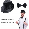 Nevamel Siyah Payetli Şapka ve Papyon Seti – Parıltılı Yetişkin Kostüm Seti