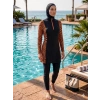 Nevamel® Zebra Desenli Fermuarlı Tam Kapalı 3 Parça Spor Likralı Tesettür Mayo Takımı