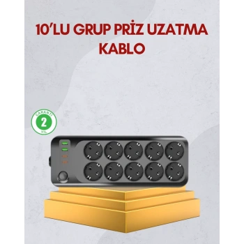 Nevamel® 10 Prizli Uzatma Kablosu Termal Koruma USB Type-C Hızlı Şarj 2500W