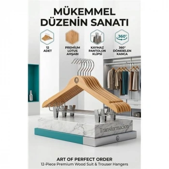 Nevamel® 12li Ahşap Takım Elbise Askısı Seti | Kıskaçlı Pantolon Askısı Kaymaz Çentikli Ceket Askılığı  723123