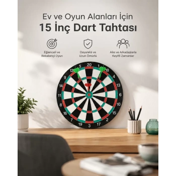 Nevamel® 15 İnç Büyük Boy Dart Tahtası Ev Oyun Seti 4 Adet Metal Uç Oklu