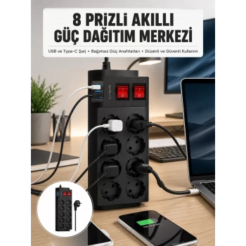 Nevamel® 2 Metre Güçlü Çoklu Priz 8 Soket Yeni Nesil