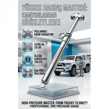 Nevamel® 200 PSI Profesyonel Metal Kalem Tipi Lastik Basınç Ölçer - Kamyon ve Otobüs Uyumlu 723154