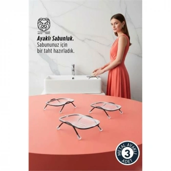 Nevamel® 3 lü Ayaklı Sabunluk – Su Giderli Şeffaf Tasarım 12 x 9 cm Tezgah Üstü Kullanım