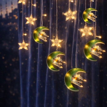 Nevamel® 3 mt Fişli Yeşil Hilal Cami Yıldız Ramazan Perde LED
