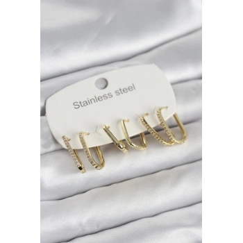 Nevamel® 316L Çelik Gold Renk 6lı Set Geometrik Model Kadın Küpe 5886