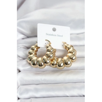 Nevamel® 316L Çelik Gold Renk Bombeli Halka Model Kadın Küpe 5886