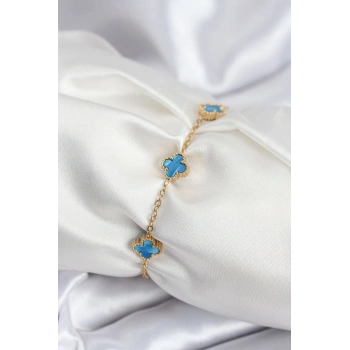 Nevamel® 316L Çelik Gold Renk Buz Mavisi Baby Boy Yonca Kadın Bileklik 5886