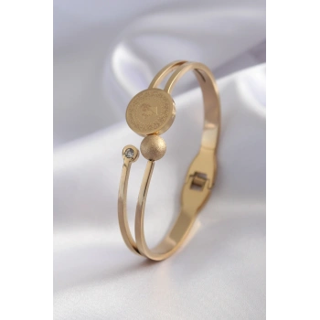 Nevamel® 316L Çelik Gold Renk Çeyrek Altın Zirkon Taş Detay Kadın Kelepçe 5886
