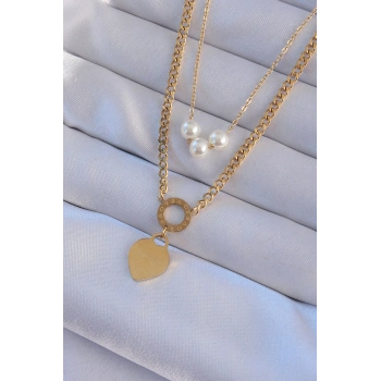 Nevamel® 316L Çelik Gold Renk Çift Zincir İnci Detayı Love Kalp Kolye 5886