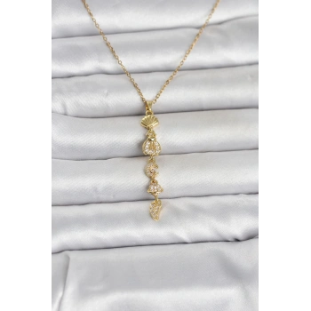Nevamel® 316L Çelik Gold Renk Deniz Temalı Y Model Zirkon Taşlı Kadın Kolye 5886