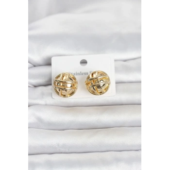 Nevamel® 316L Çelik Gold Renk Desenli Top Model Kadın Küpe 5886