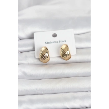 Nevamel® 316L Çelik Gold Renk Desenli Yarım Halka Model Kadın Küpe 5886